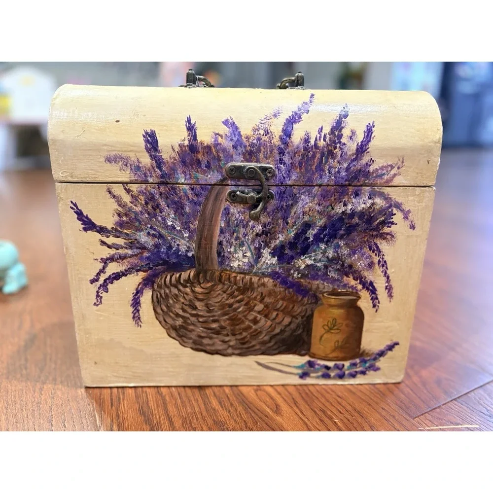 Handpainted CottageCore Storage Box Lavender Floral Metal hardware